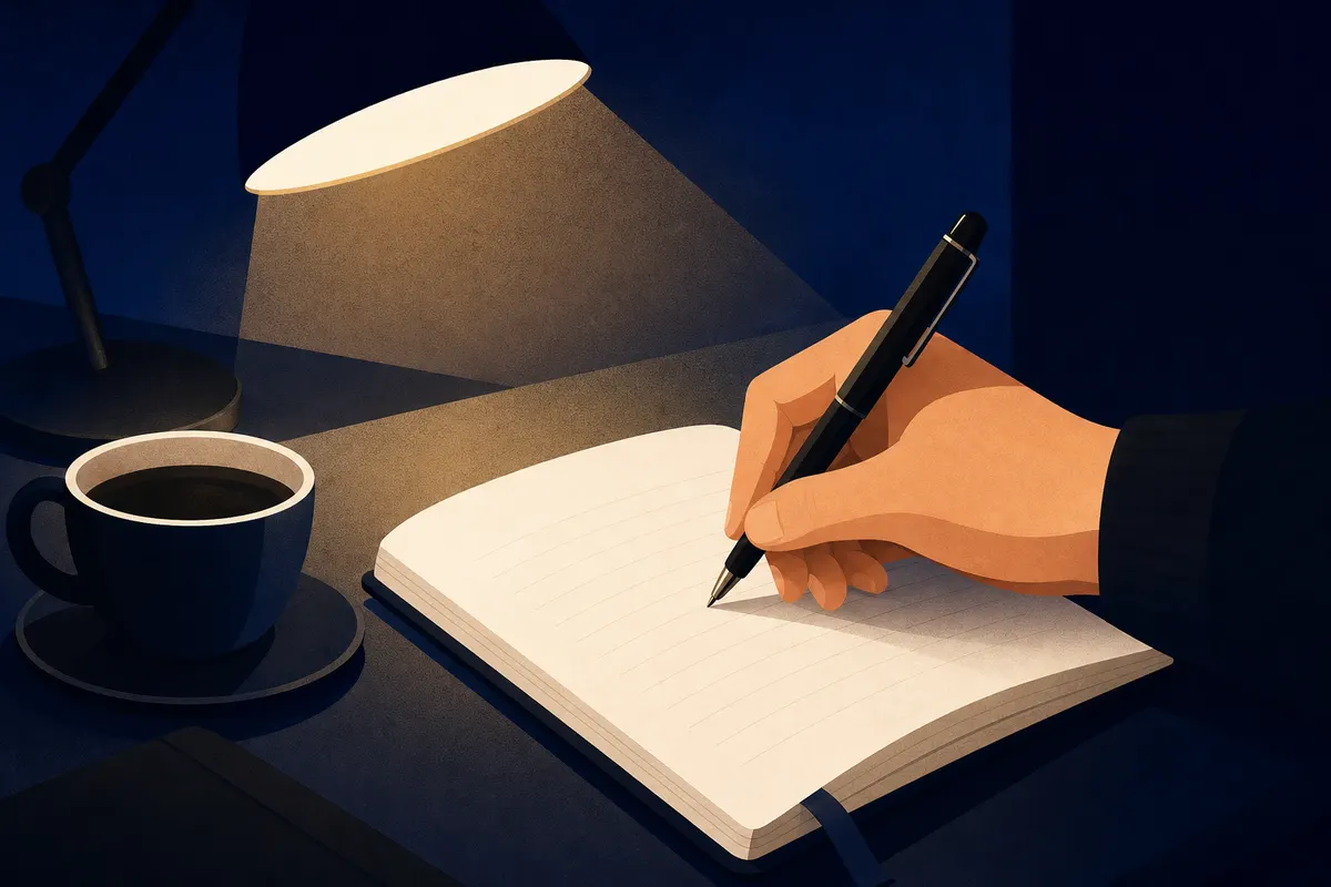 Uma mão escrevendo em um caderno com uma caneta, com uma xícara de café ao lado.