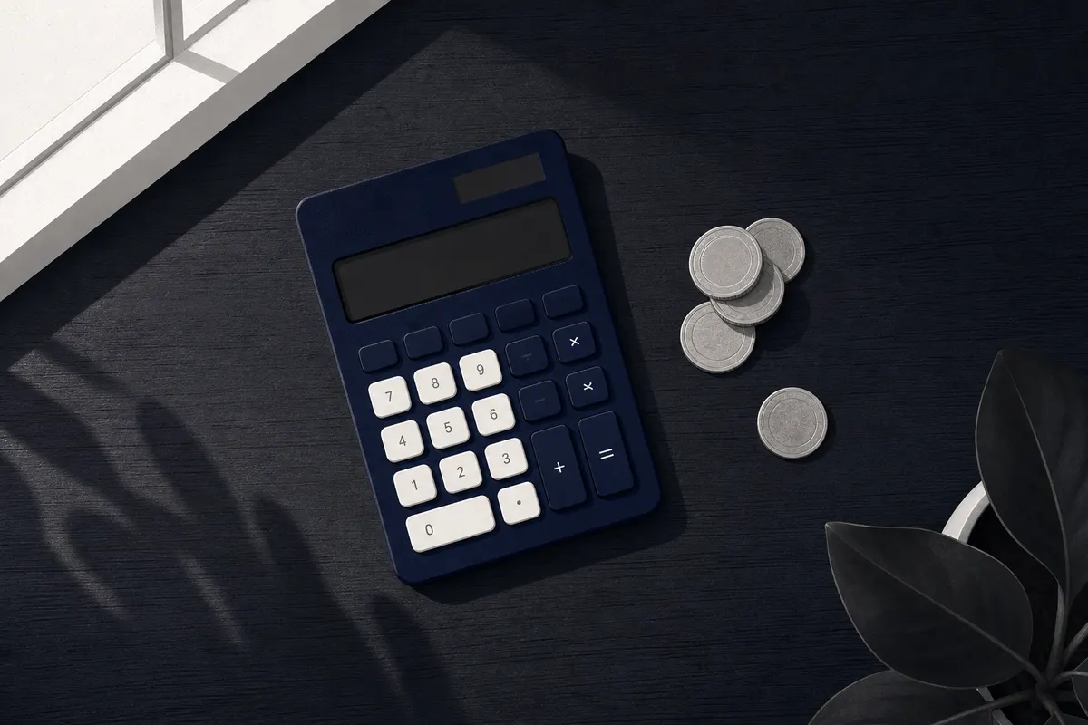 Uma calculadora e moedas de dinheiro dispostas sobre uma mesa de madeira escura.
