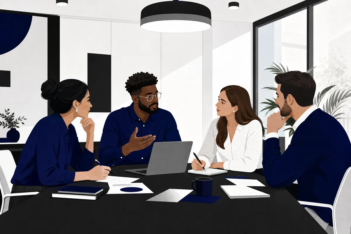 Um grupo de pessoas diversas em um escritório discute ideias em torno de uma mesa com papéis e um laptop.