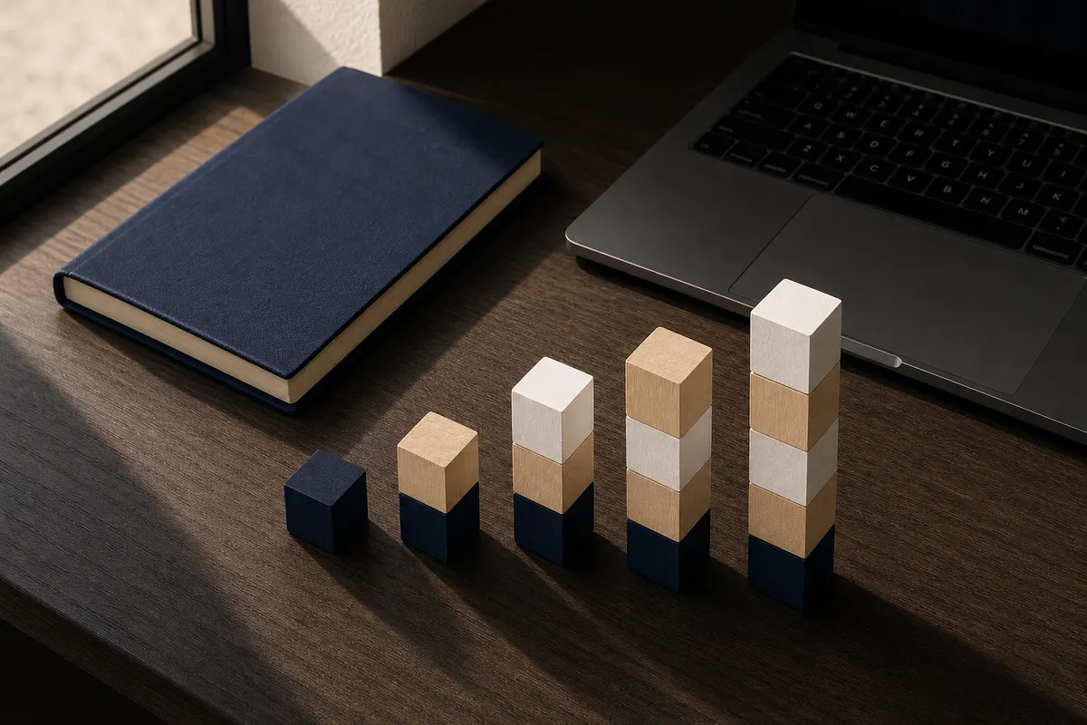 Um gráfico de barras ascendente sobre uma mesa de escritório com um laptop e um caderno fechado.
