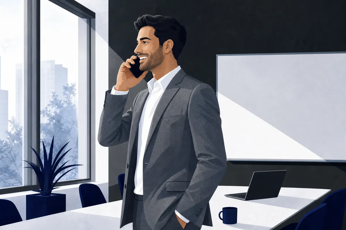Um homem sorri enquanto fala ao telefone em uma sala de reuniões com um quadro branco ao fundo.