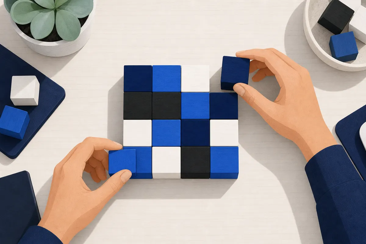 Uma pessoa organiza blocos de madeira coloridos em uma mesa, representando a otimização de processos.
