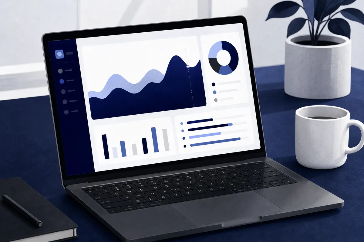 Um laptop exibe um gráfico em uma mesa de escritório com uma xícara de café ao lado.
