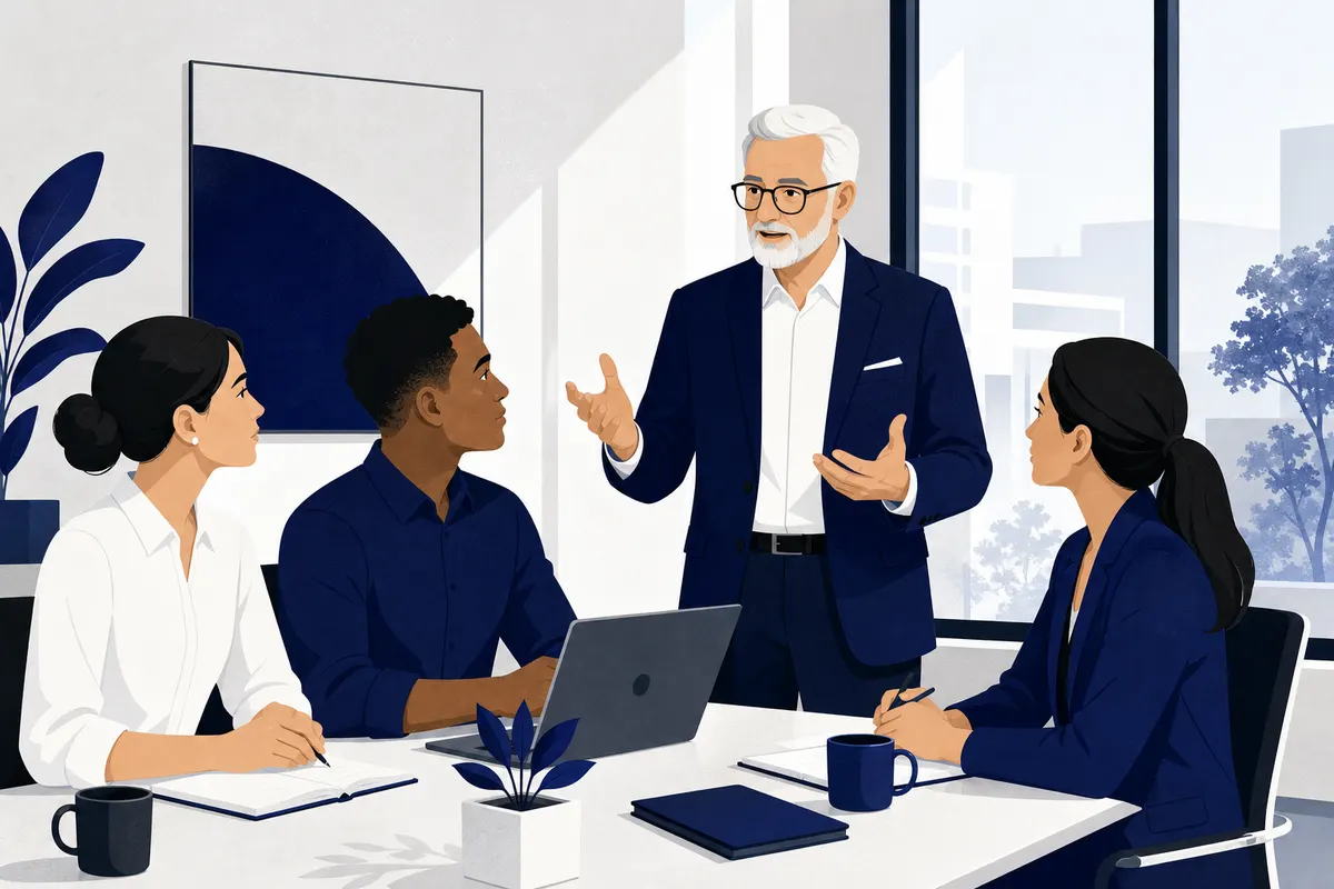 Um consultor experiente conversa com uma equipe em uma sala de reuniões moderna.
