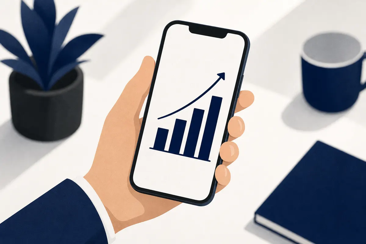 Um close-up de um smartphone exibindo um gráfico de crescimento.