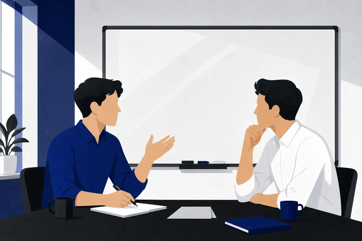 Duas pessoas conversam em uma sala de reunião com um quadro branco ao fundo.