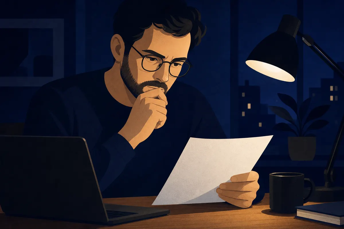 Um homem de óculos analisa um documento em uma mesa com um laptop.