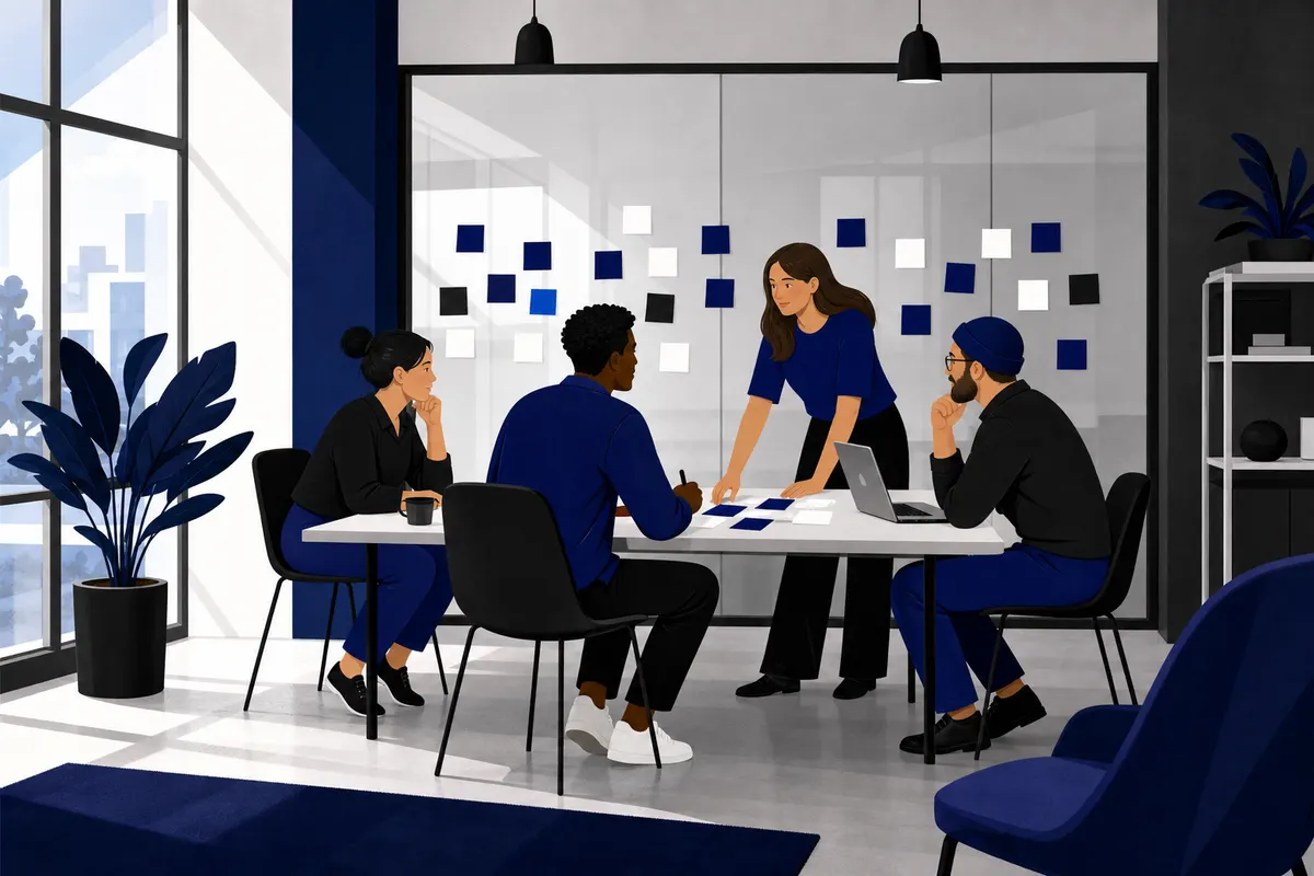 Um grupo de pessoas em um brainstorming em uma sala moderna com post-its na parede.