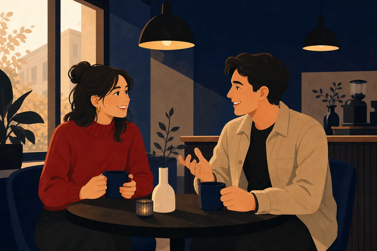Duas pessoas sorriem enquanto conversam em um café.
