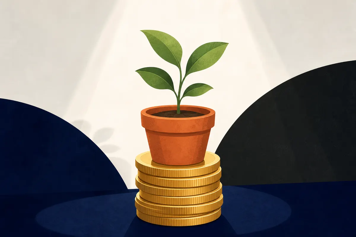 Uma planta crescendo em um vaso sobre uma pilha de moedas.