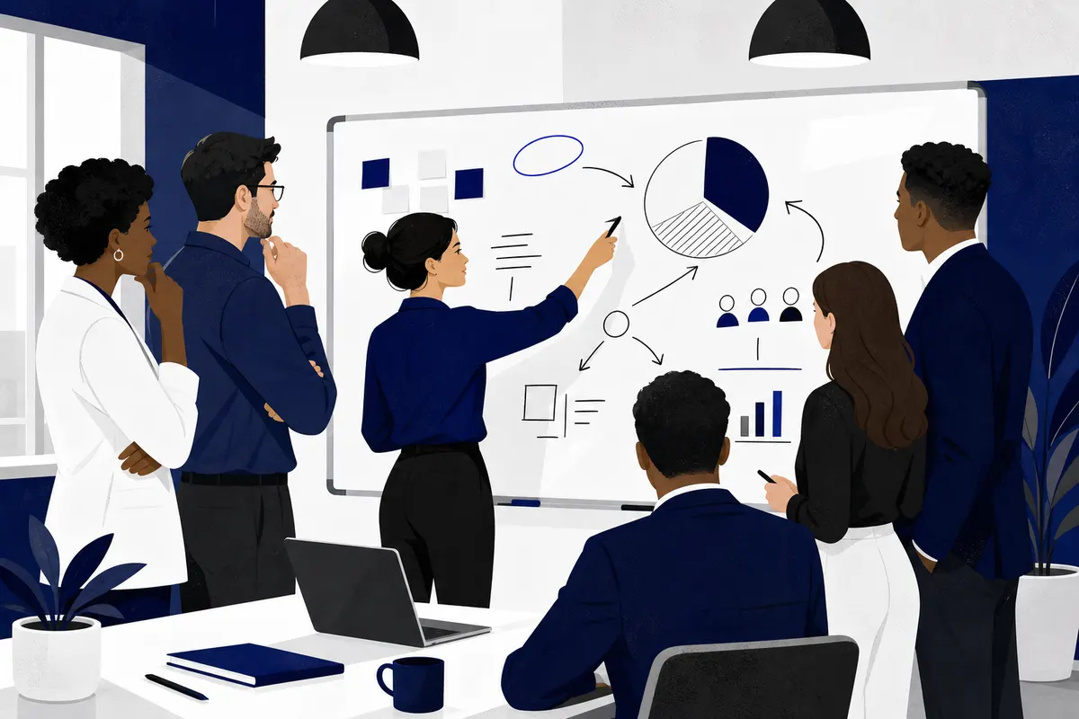 Pessoas em reunião discutindo estratégias em um quadro branco.