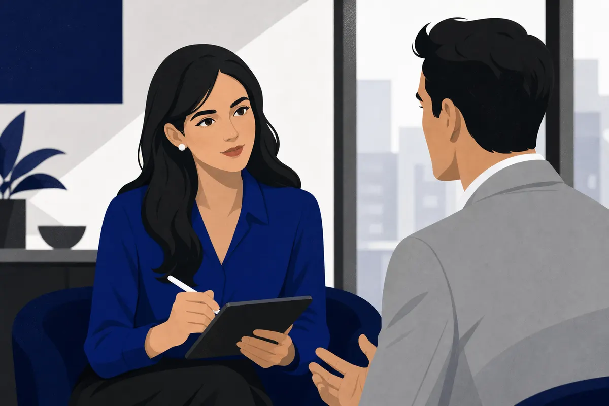 Mulher fazendo anotações em um tablet enquanto conversa com um cliente em potencial.