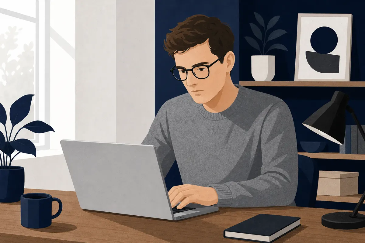 Homem usando um laptop em uma mesa com um caderno e caneta.