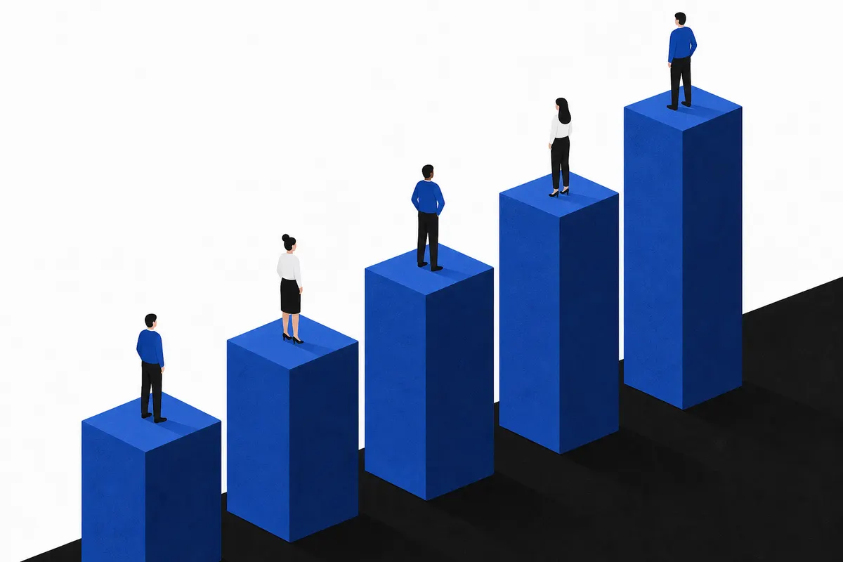 Gráfico de barras ascendente com ícones de pessoas em um fundo azul.