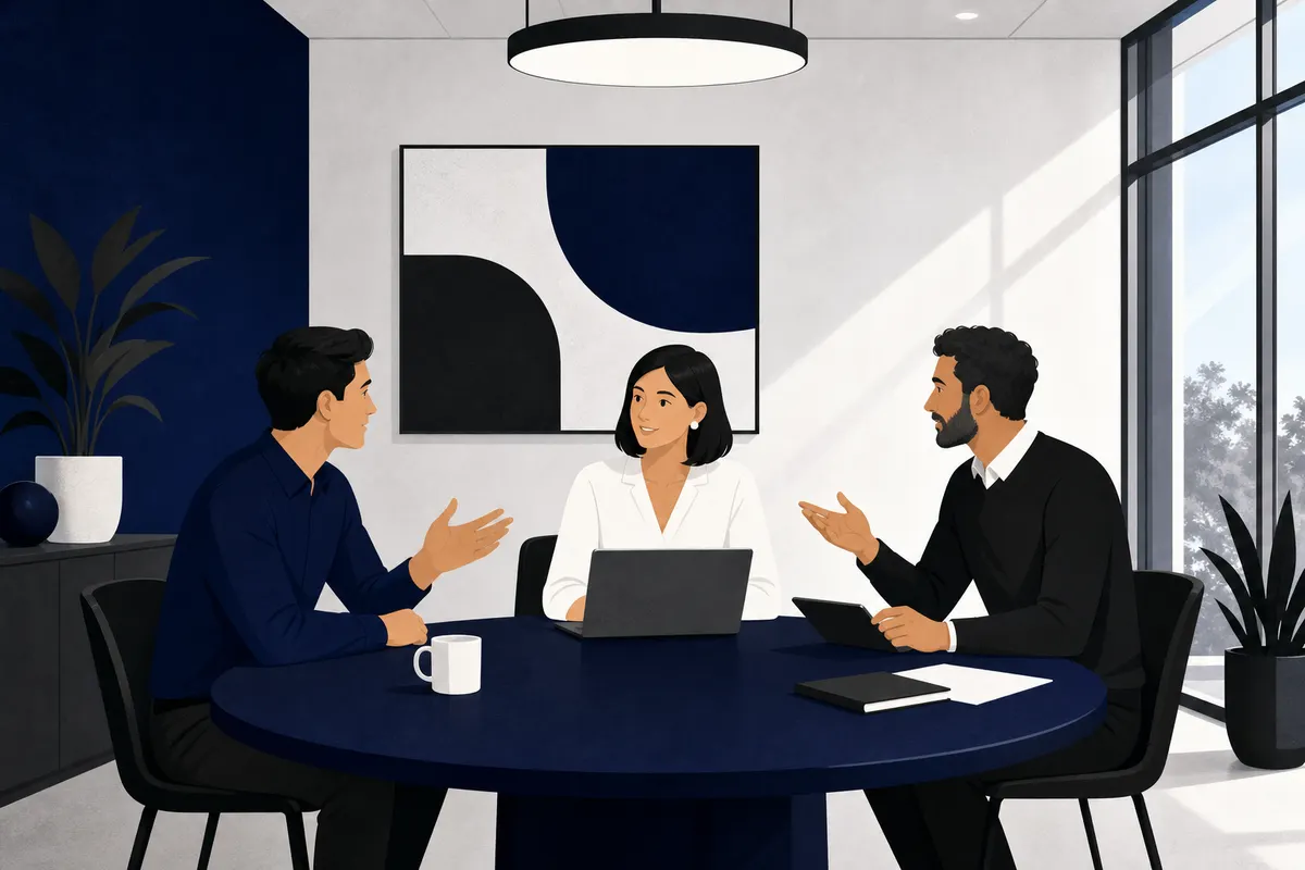 Três pessoas em um círculo discutindo em uma sala de reuniões com uma lousa ao fundo.