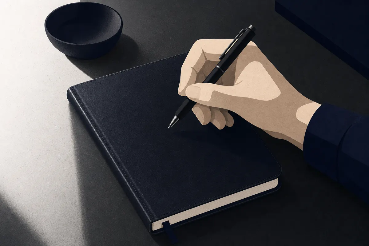 Uma mão escreve em um caderno fechado com uma caneta.