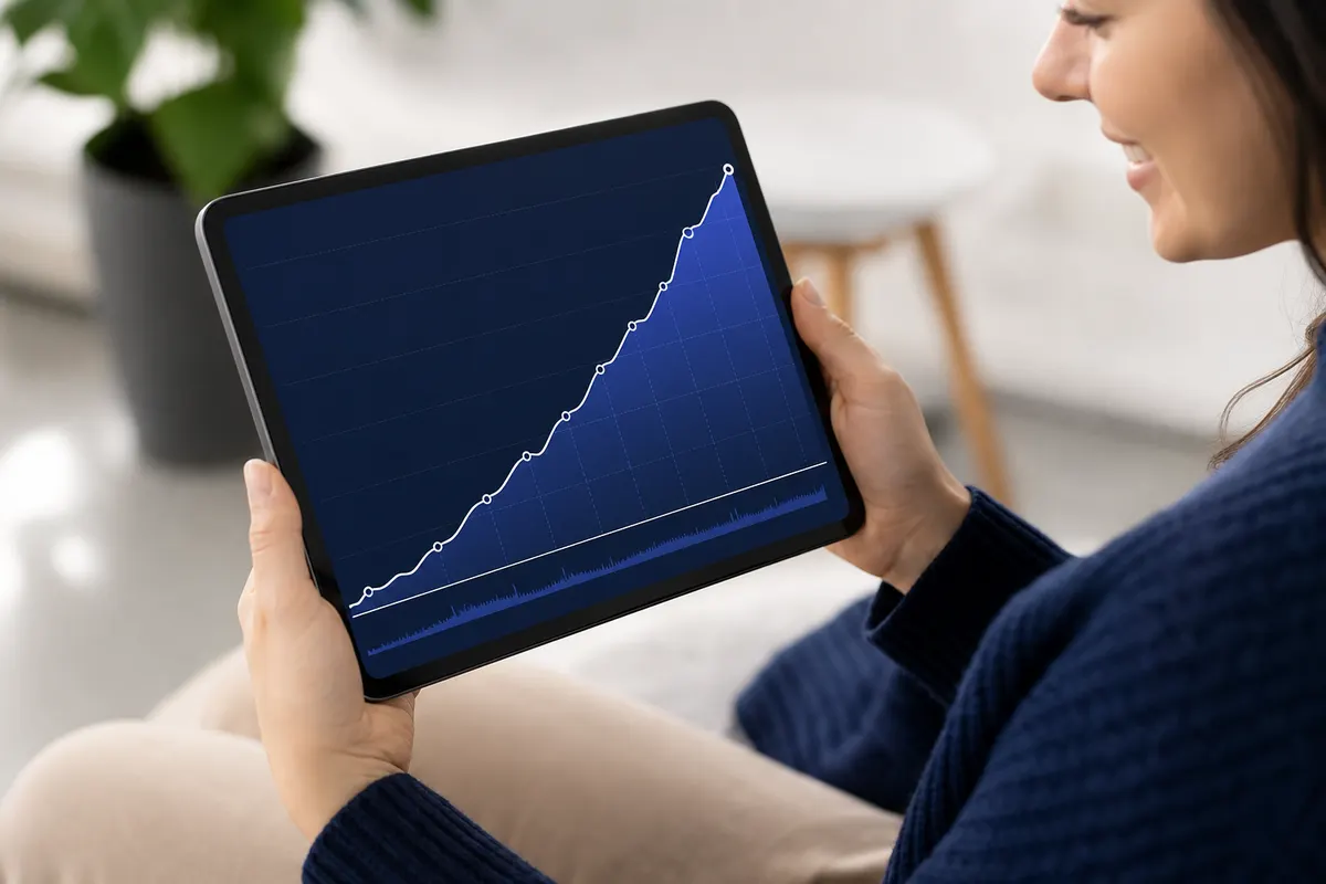 Uma pessoa sorrindo enquanto olha para um gráfico de crescimento em um tablet.