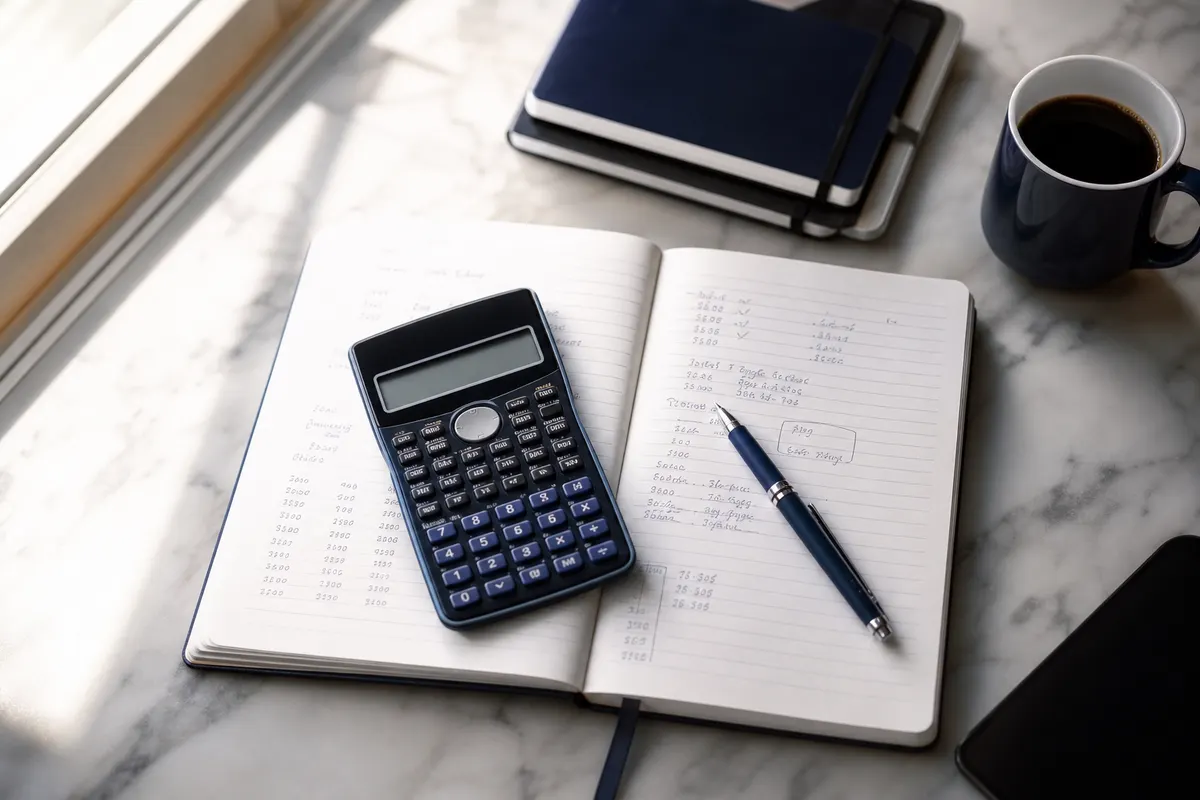 Uma calculadora e uma caneta sobre um caderno aberto com anotações.