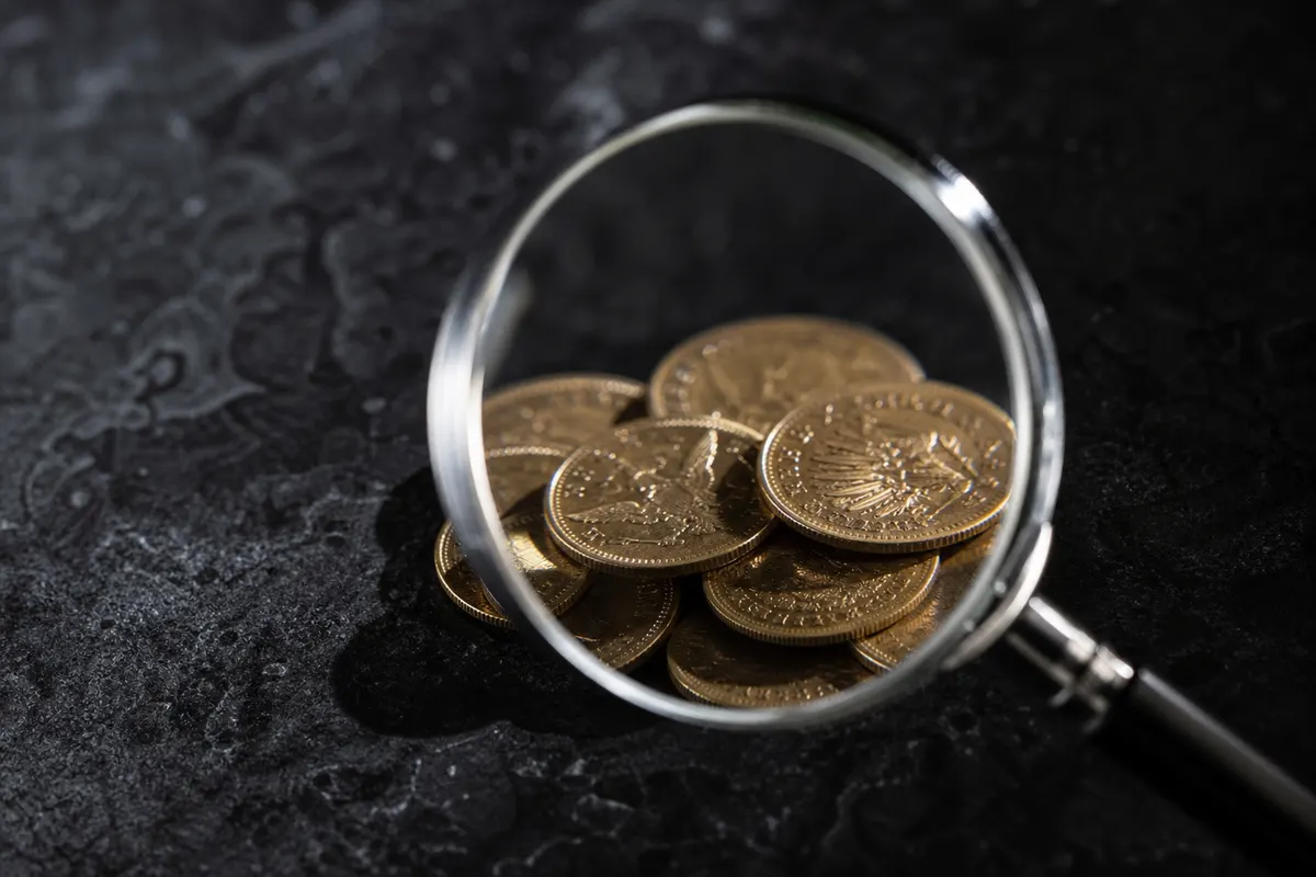 Uma lupa examinando um pequeno grupo de moedas de ouro.