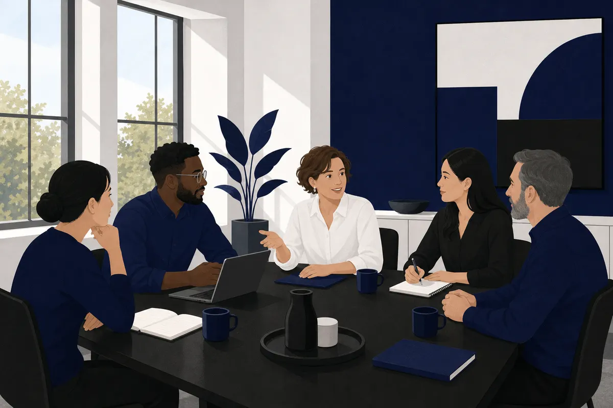 Pessoas diversas em uma reunião de brainstorming em uma sala de conferências.