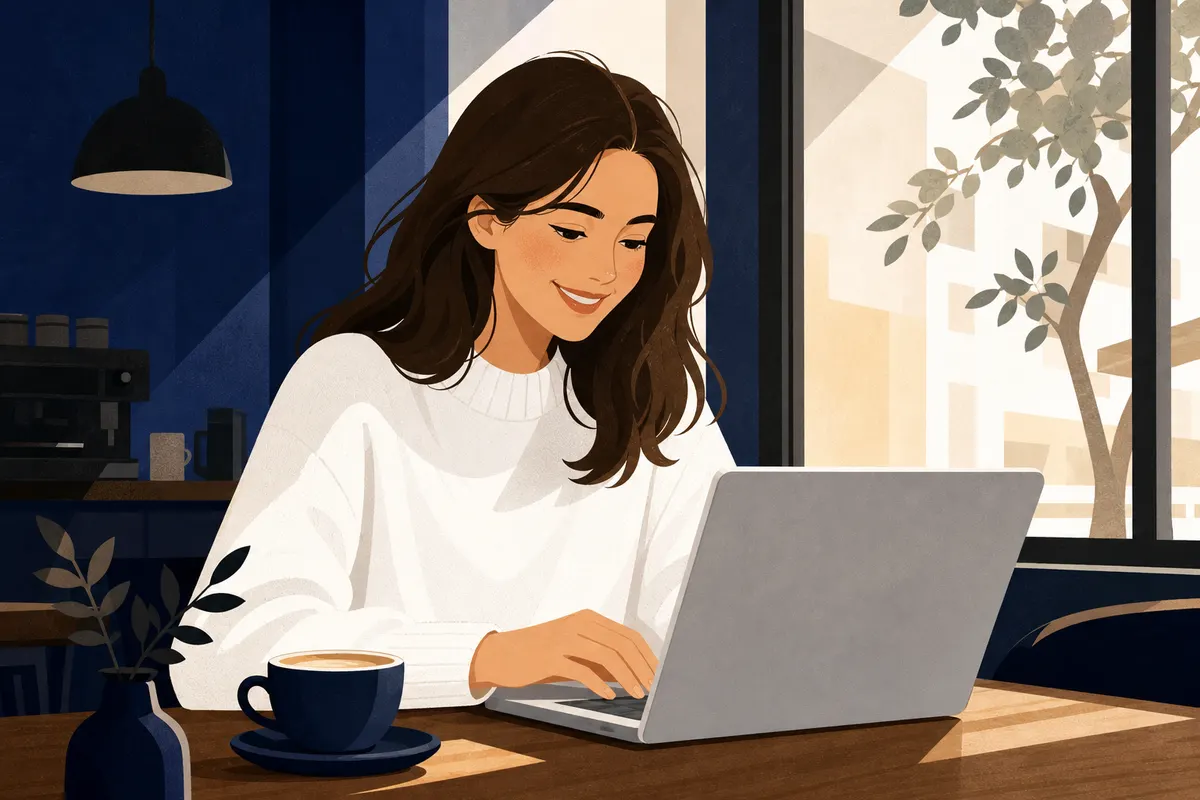 Mulher sorrindo enquanto usa um laptop em um café aconchegante.