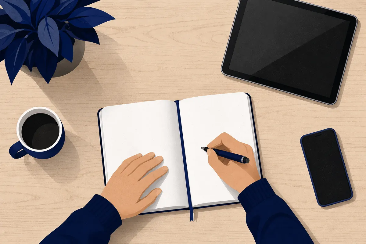 Mãos escrevendo em um caderno com uma caneta, ao lado de um tablet e um celular.