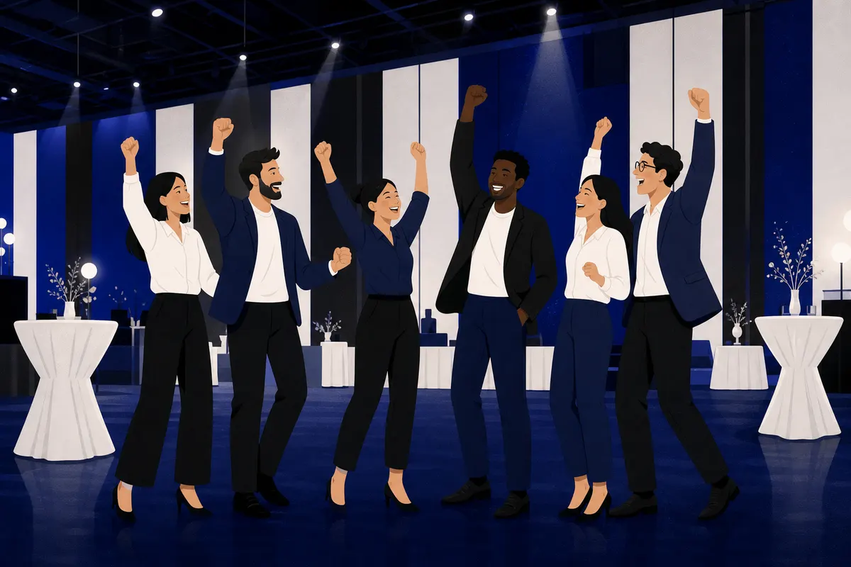Grupo de pessoas celebrando juntas em um evento corporativo.