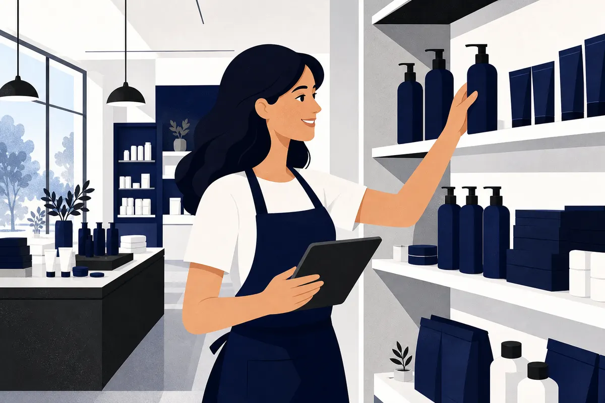 Uma mulher sorri enquanto organiza produtos em uma prateleira de loja, com um tablet em sua mão.