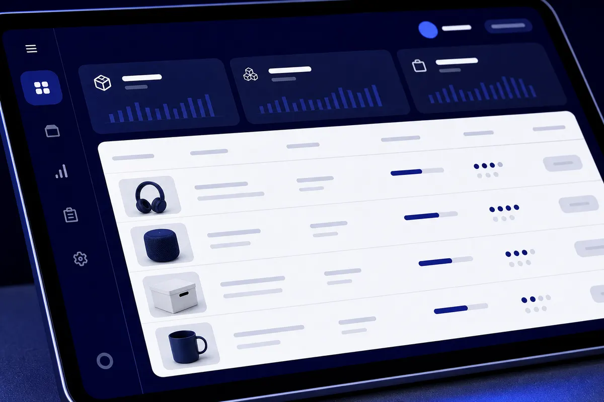 Um close-up de um sistema de estoque digital em um tablet, mostrando níveis de estoque e detalhes de produtos.