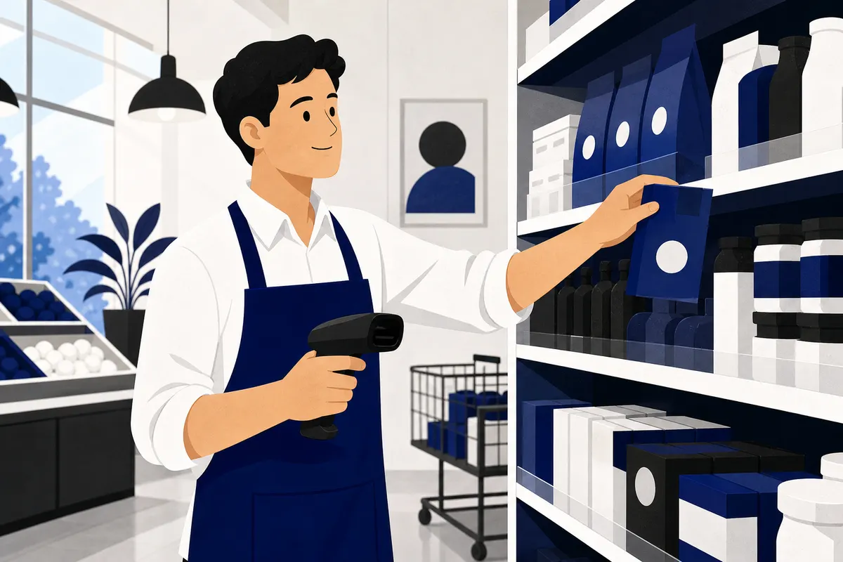 Um homem de avental sorri enquanto verifica produtos em uma prateleira de loja, segurando um scanner de código de barras.