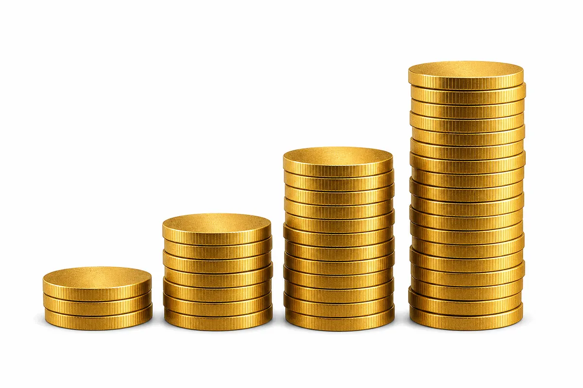 Um gráfico de barras ascendente feito de moedas de ouro empilhadas, simbolizando crescimento financeiro.