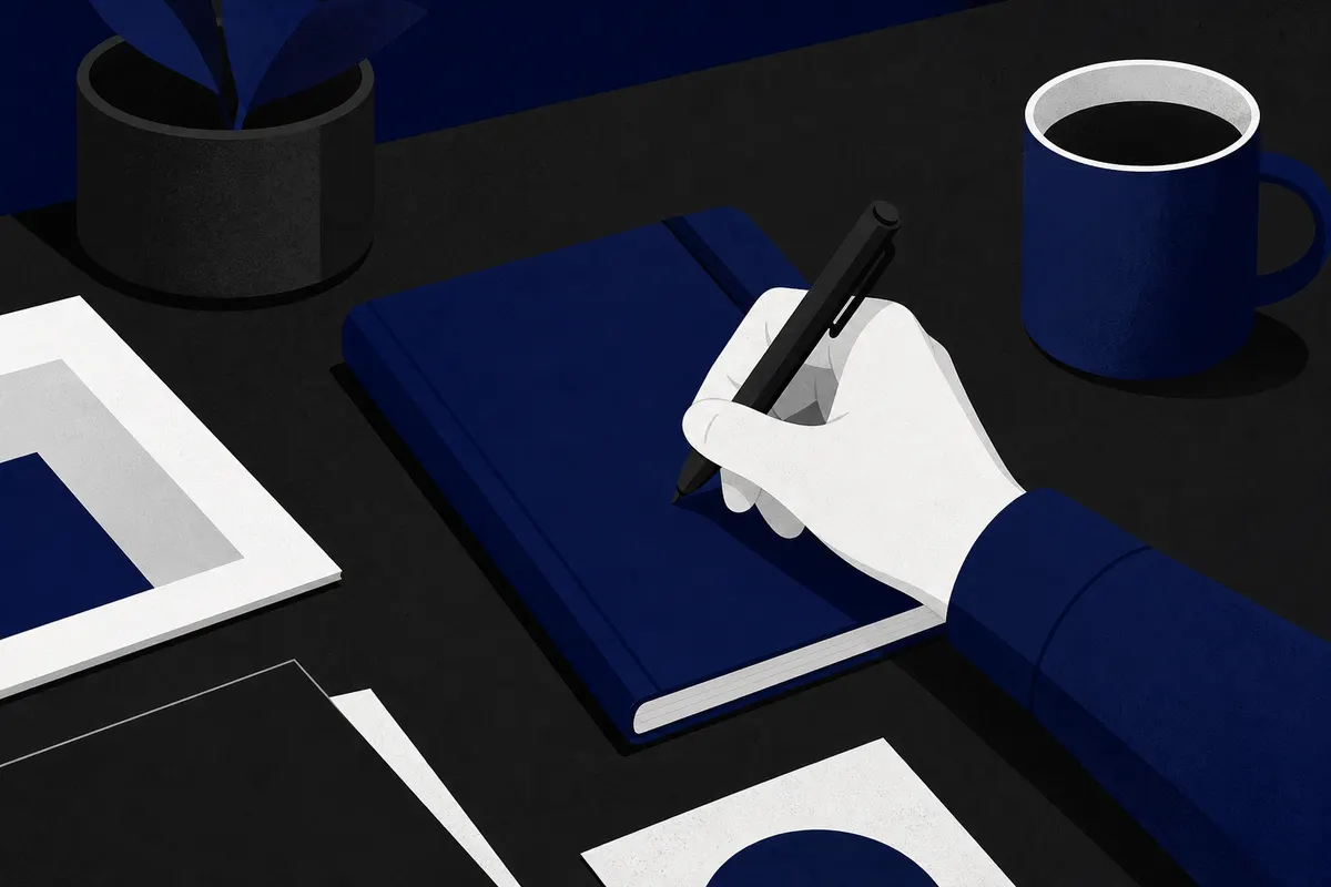 Uma mão escreve em um caderno fechado com uma caneta, em uma mesa com alguns papéis e um copo de café.