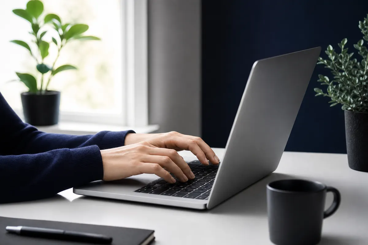 Uma pessoa trabalhando em um laptop em um escritório com plantas e luz natural.
