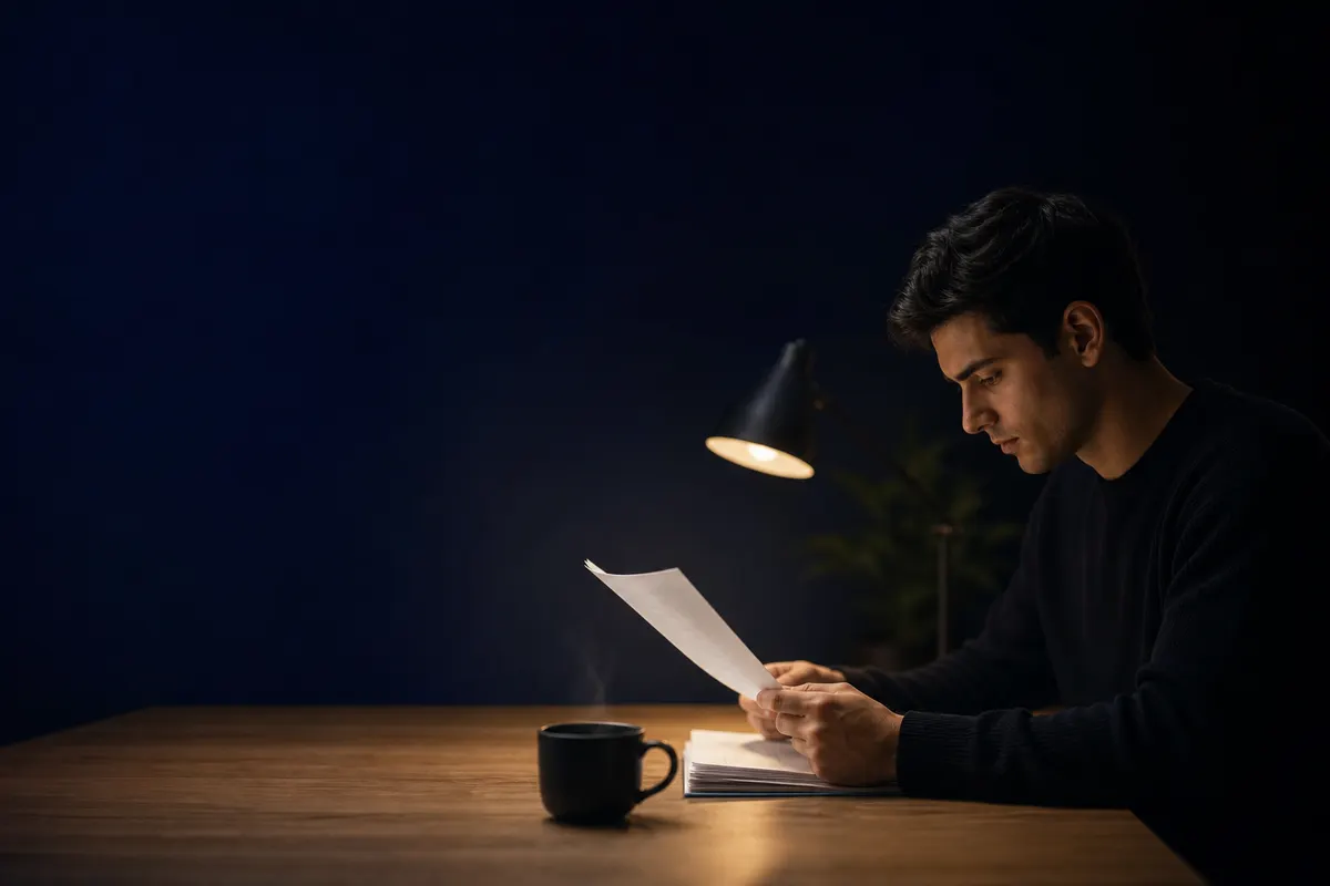 Uma pessoa revisando documentos em uma mesa com uma xícara de café.