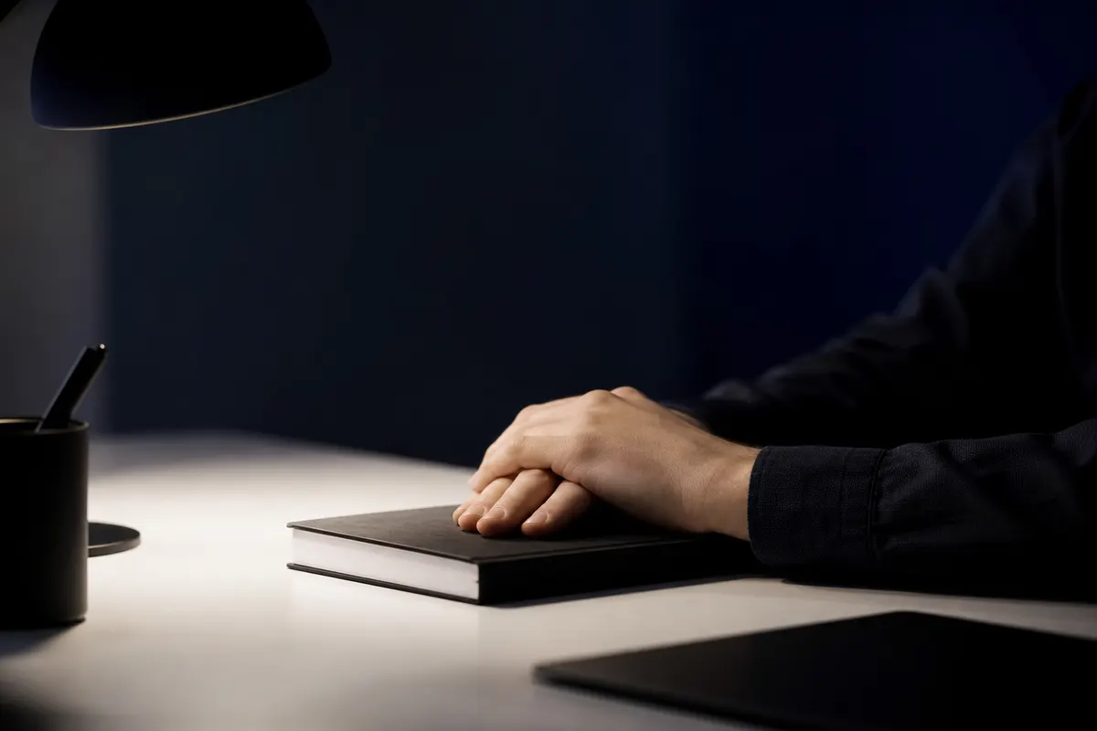 Uma pessoa analisando dados em um notebook fechado em uma mesa de escritório.