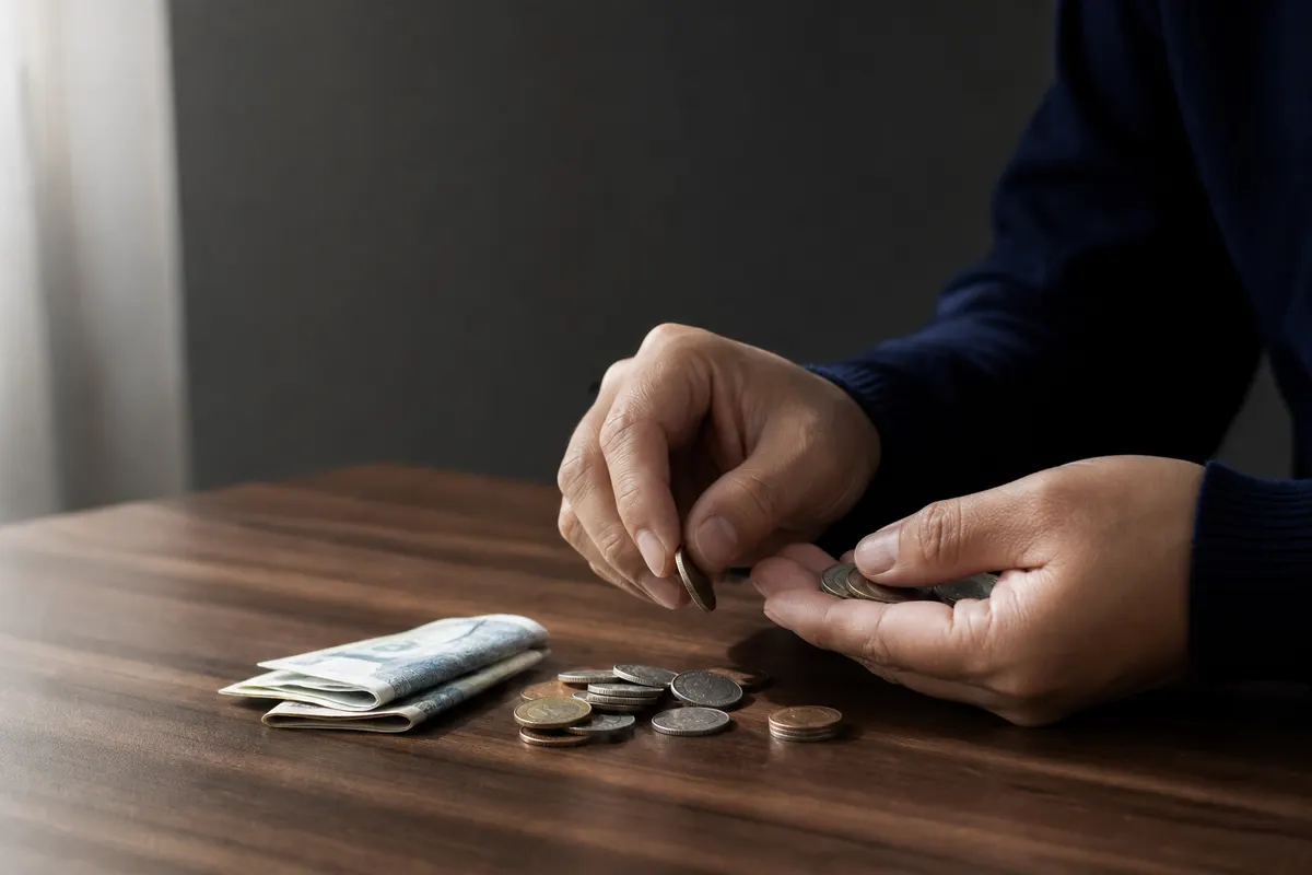 Uma pessoa contando moedas e notas em uma mesa.