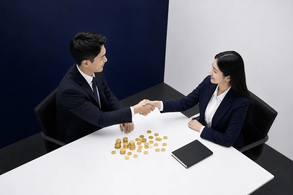 Duas pessoas apertando as mãos sobre uma mesa com documentos e moedas de ouro espalhadas.