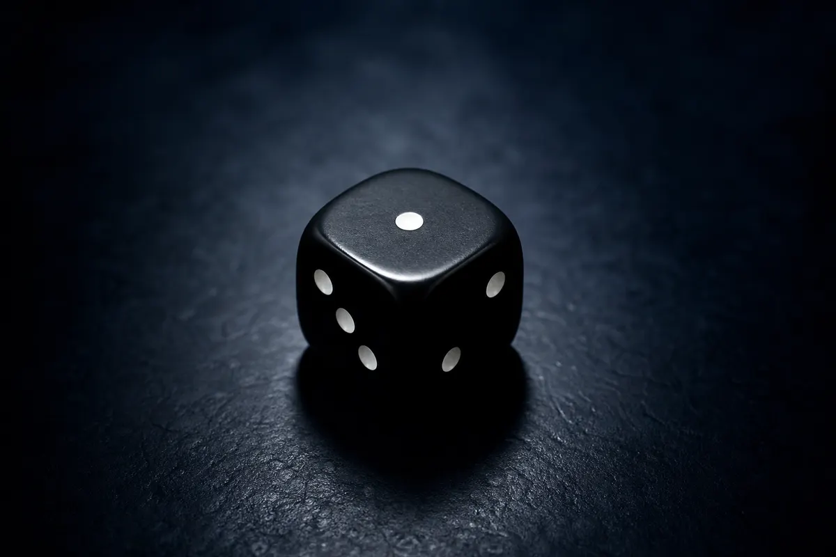 Uma pessoa jogando um dado de jogo de RPG com o número 1 virado para cima, em um fundo desfocado.