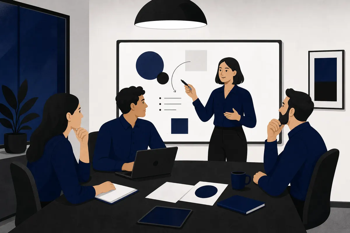 Equipe de vendas colaborando em uma sala de reuniões com um quadro branco.