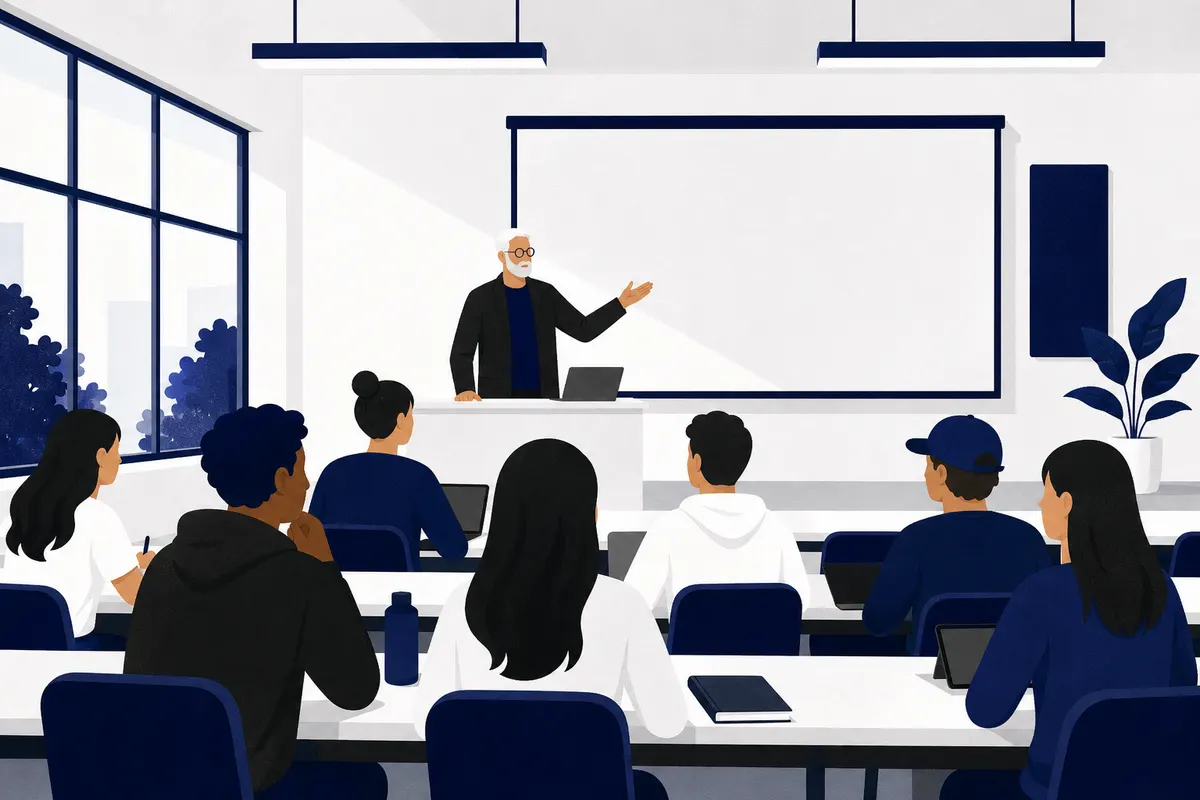 Estudantes em uma sala de aula ouvindo atentamente um professor.