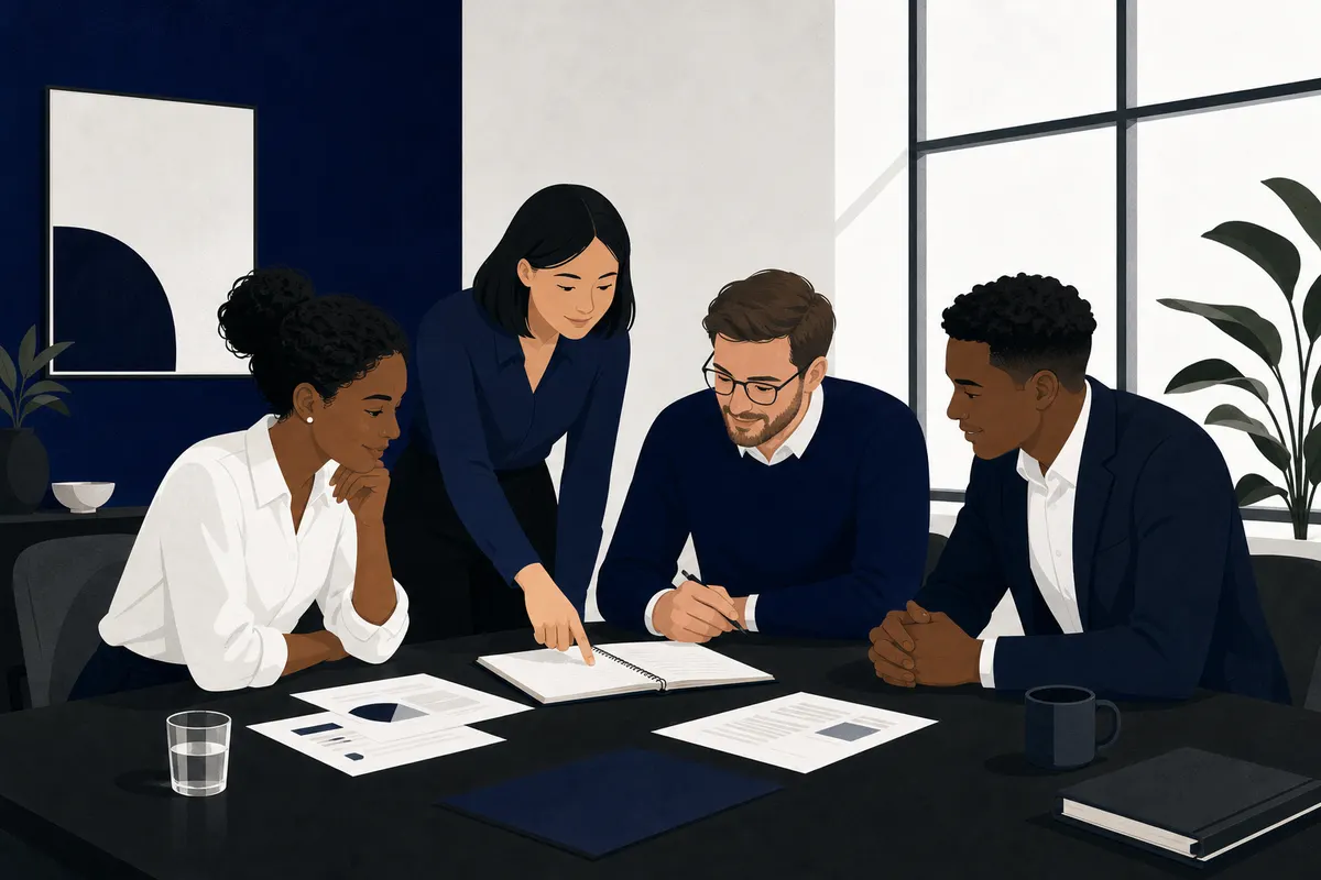 Um grupo de pessoas em uma sala de reunião discutindo ideias em torno de uma mesa com papéis e um notebook.