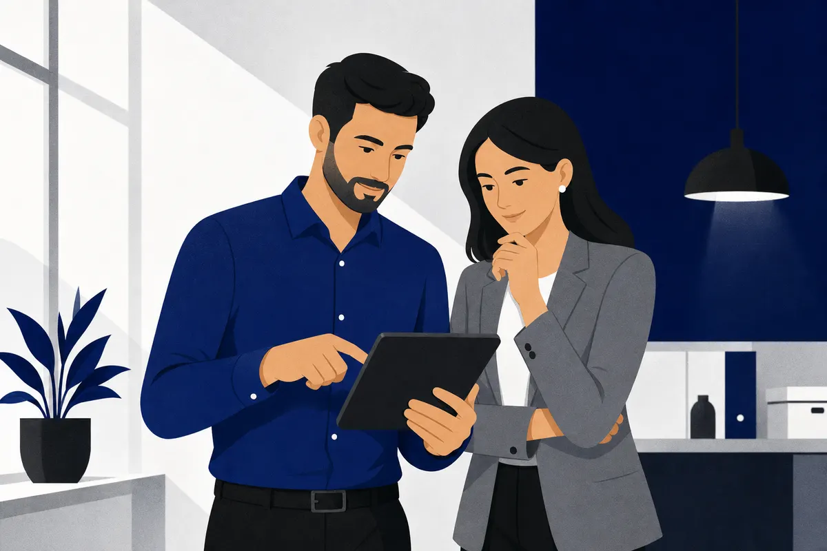 Um homem e uma mulher em um escritório, um explicando algo em um tablet para o outro.