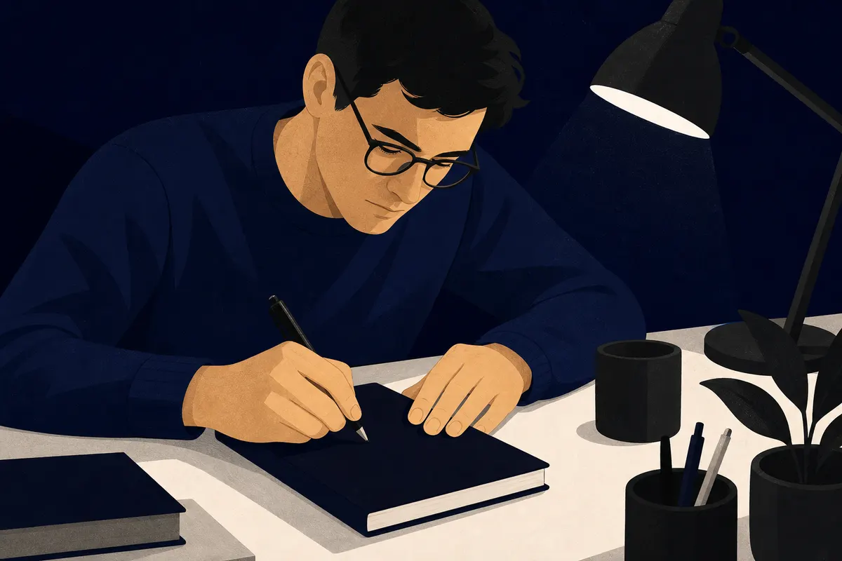 Um homem de óculos concentrado, escrevendo em um caderno com uma caneta.