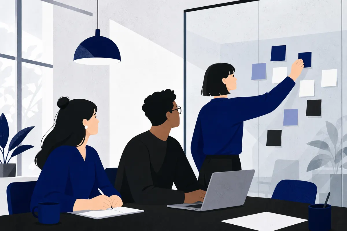 Uma equipe colaborando em um projeto em uma sala de reunião moderna, com post-its em uma parede.