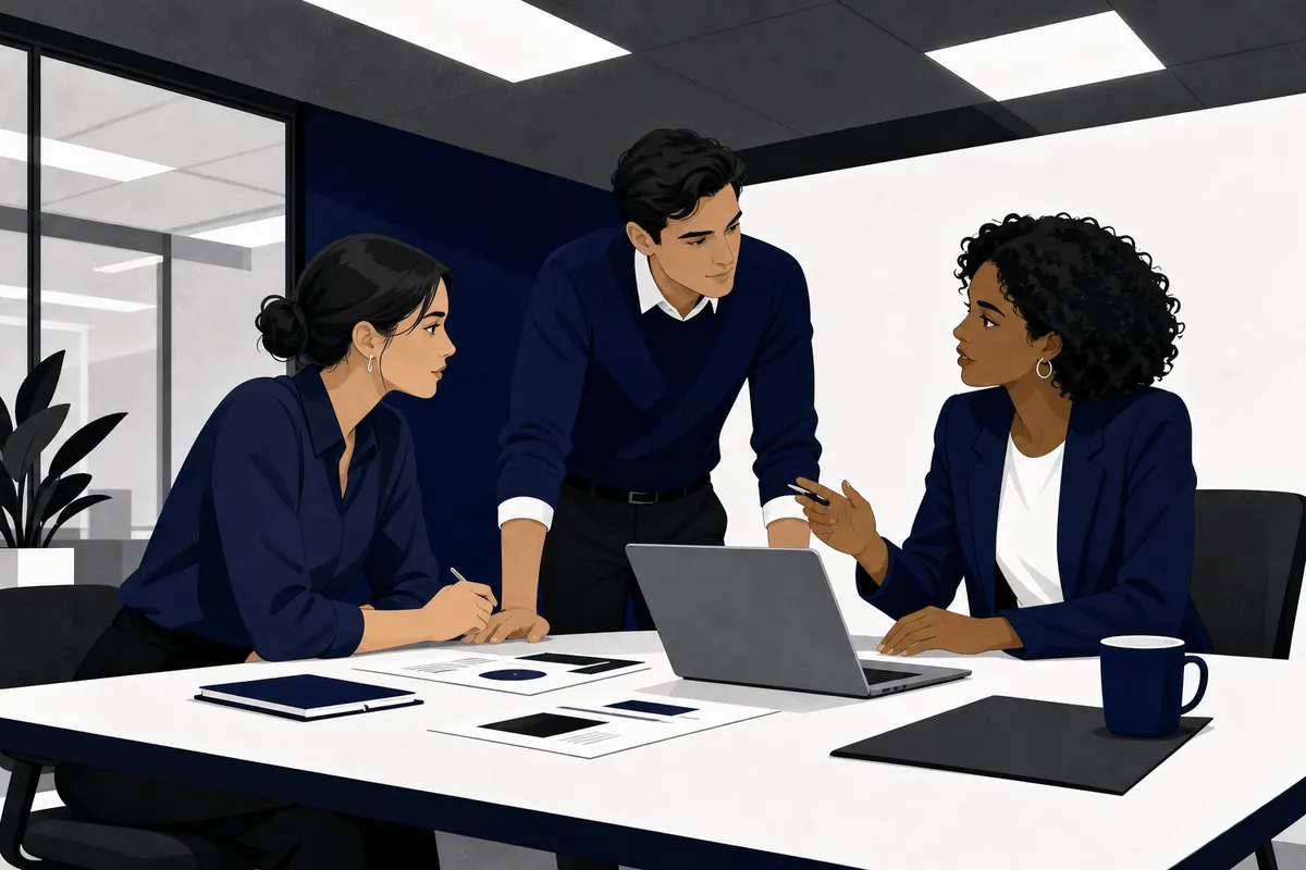 Um grupo de três profissionais discutindo em volta de uma mesa com papéis e um laptop em um ambiente de escritório moderno.