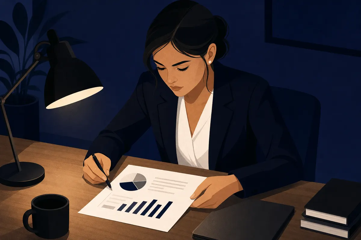 Uma mulher de terno analisa um relatório em papel em uma mesa de escritório com um laptop ao lado.