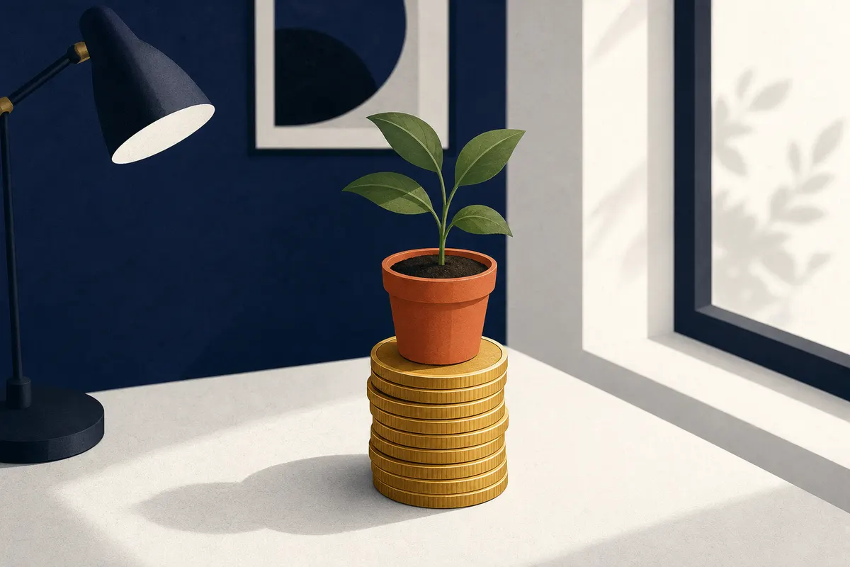 Uma planta crescendo em um vaso sobre uma pilha de moedas de ouro, em um fundo de escritório desfocado.