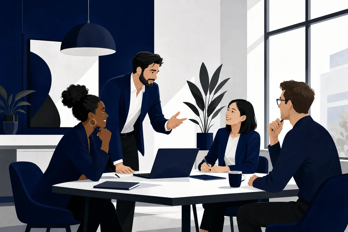 Um grupo de vendedores sorrindo e colaborando em torno de uma mesa em um escritório moderno, com laptops e papéis espalhados.