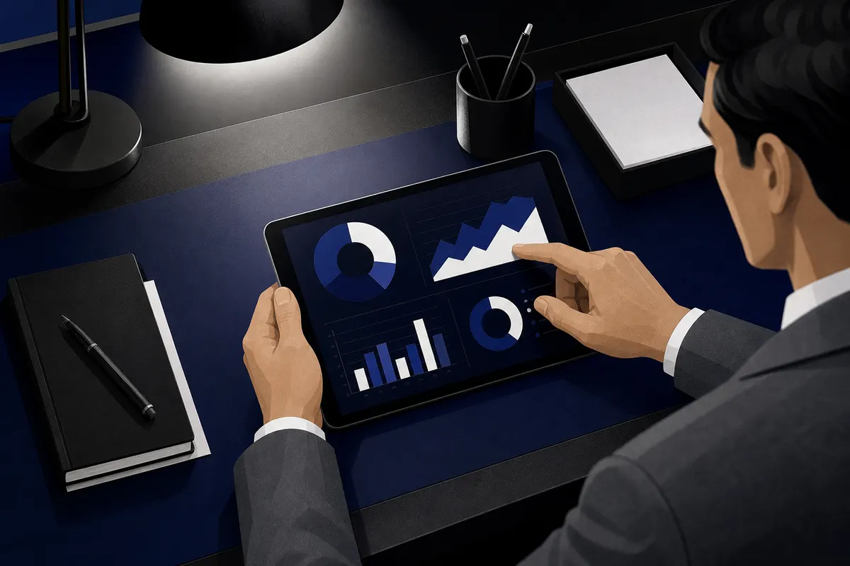 Um homem de terno analisa dados em um tablet em um escritório, com gráficos e números visíveis na tela.