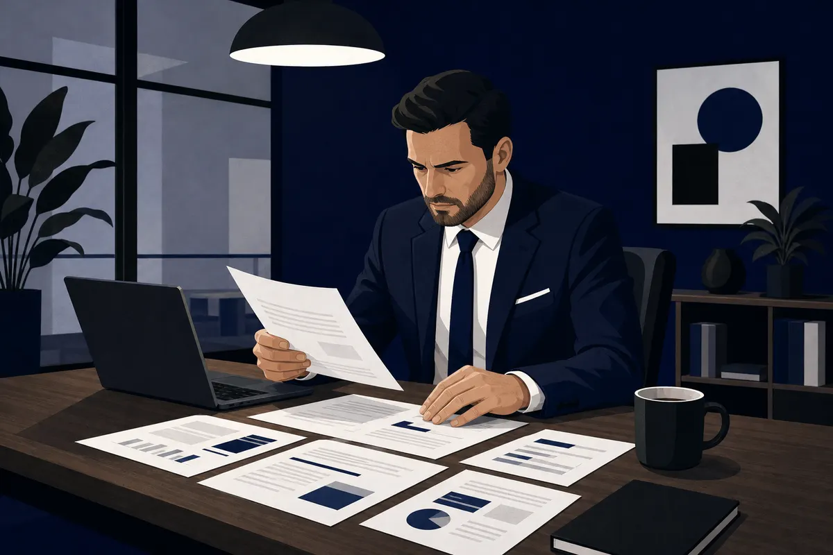 Um homem de terno analisa papéis em uma mesa com um laptop e um copo de café.